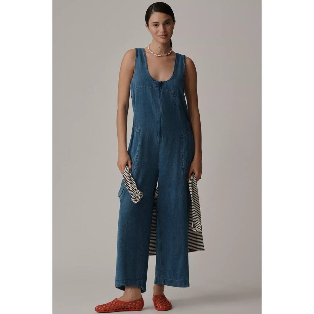 Anthropologie Pilcro Zip Front Wide Leg Blue Cotton Overalls XXS